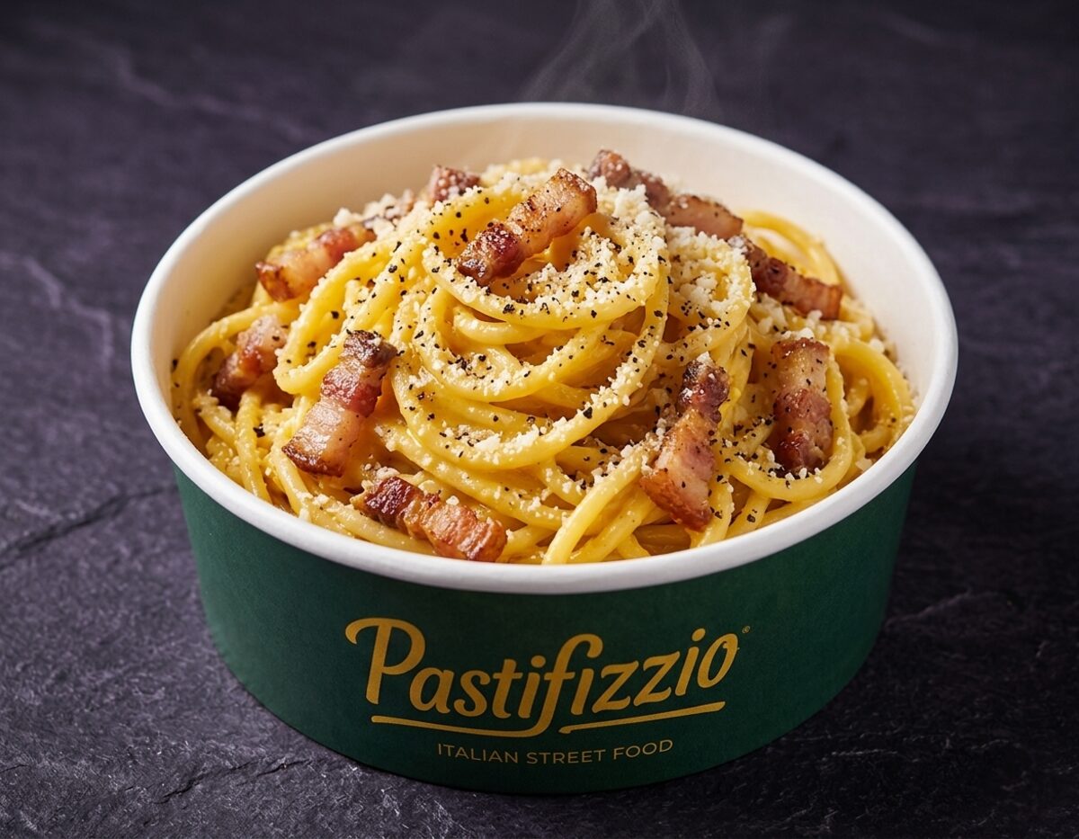 Carbonara de Pastifizzio: pasta fresca con guanciale, Pecorino y pimienta negra, en vaso verde de marca
